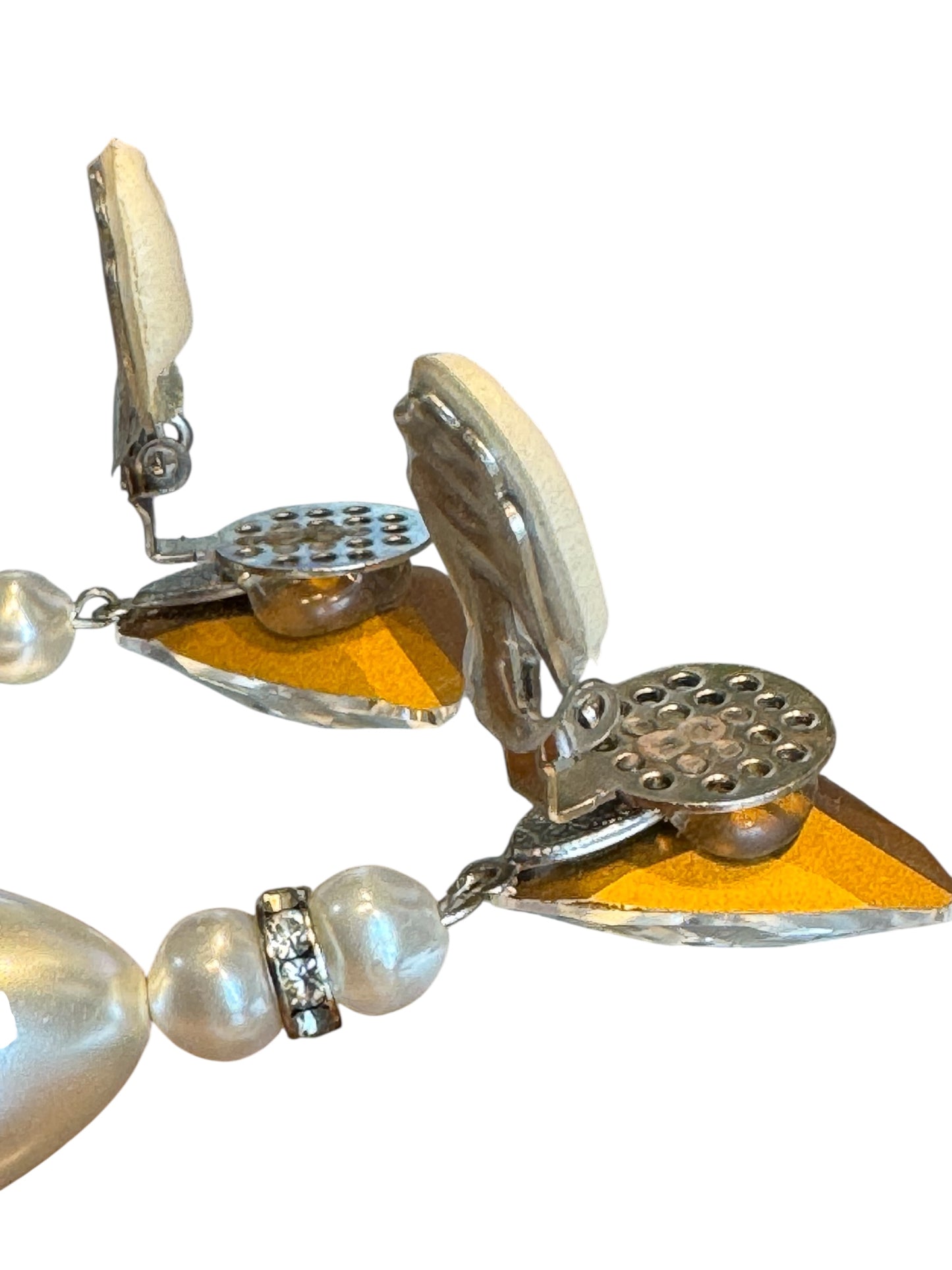 Vintage Runway-Style Clip-On Earrings – Triangle Crystal & Pearl Drop with Rhinestone Rondelle