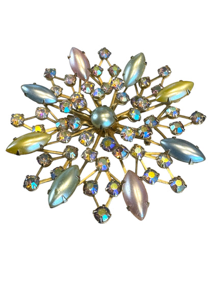 Vintage 1950s Aurora Borealis Starburst Brooch – Pastel Navette Glass & Rhinestones