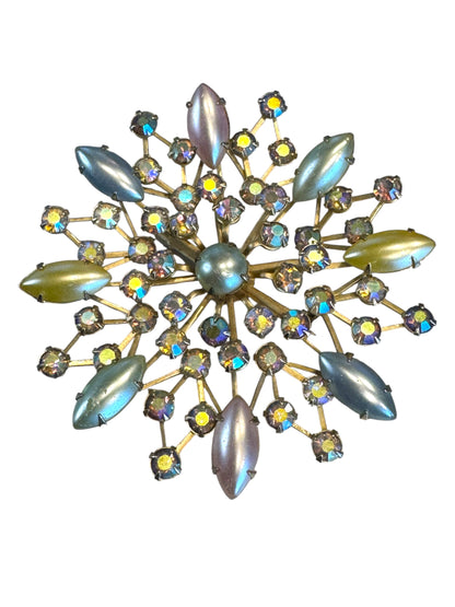 Vintage 1950s Aurora Borealis Starburst Brooch – Pastel Navette Glass & Rhinestones