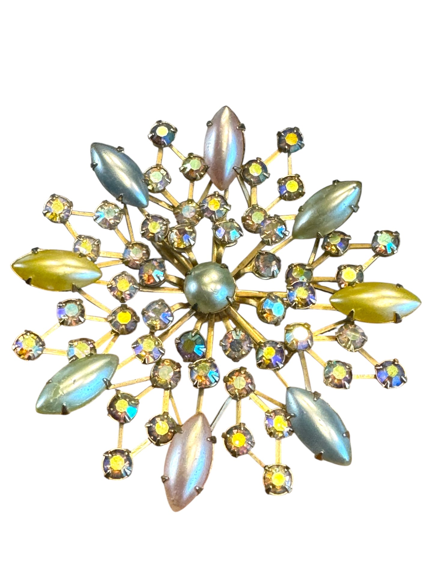 Vintage 1950s Aurora Borealis Starburst Brooch – Pastel Navette Glass & Rhinestones