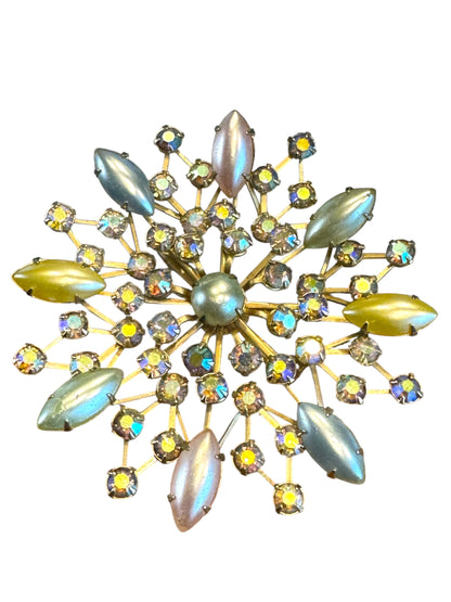 Vintage 1950s Aurora Borealis Starburst Brooch – Pastel Navette Glass & Rhinestones
