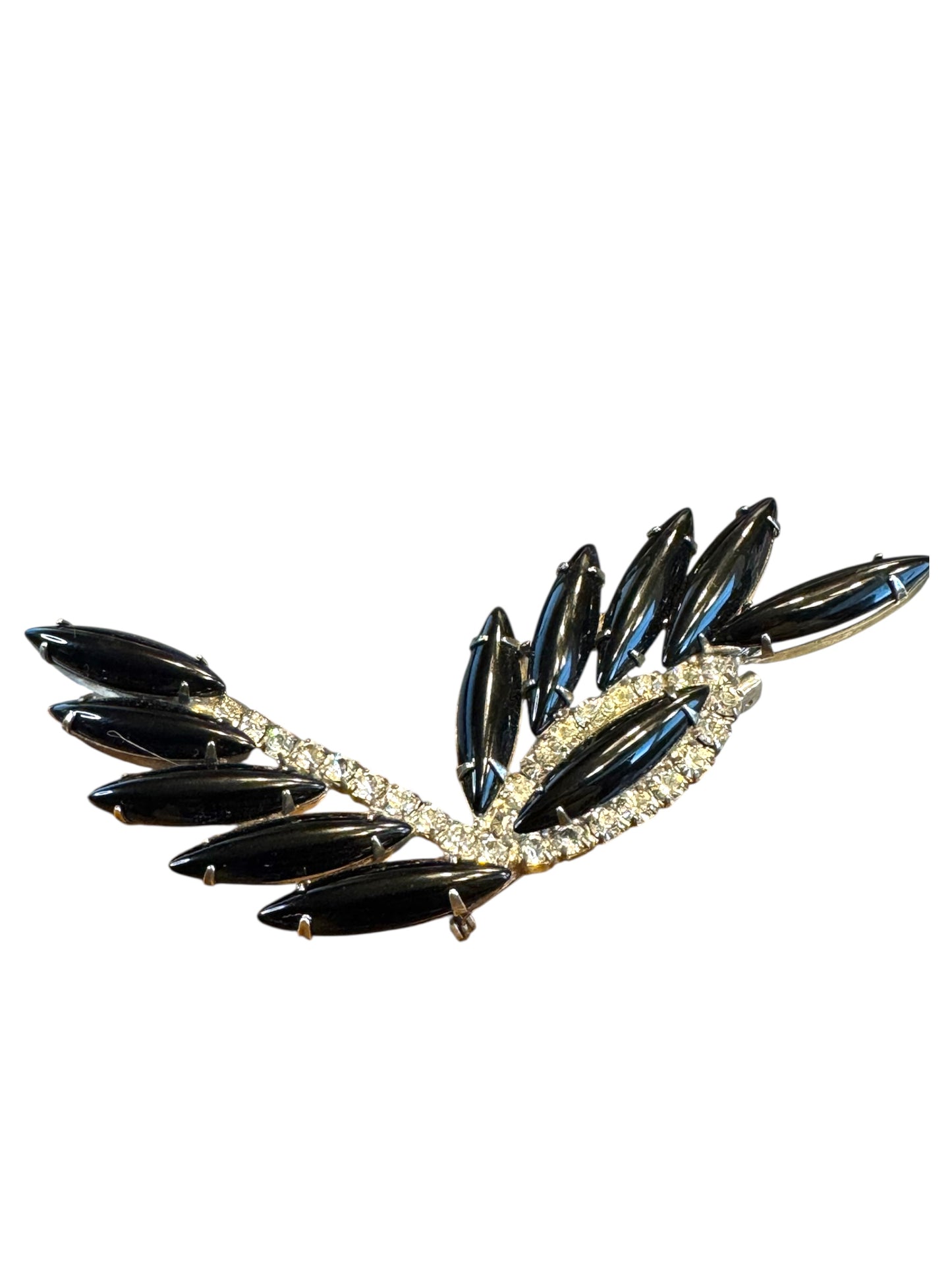 Vintage Black Navette & Rhinestone Leaf Brooch – Mid-Century Silver Tone Statement Pin