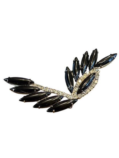 Vintage Black Navette & Rhinestone Leaf Brooch – Mid-Century Silver Tone Statement Pin