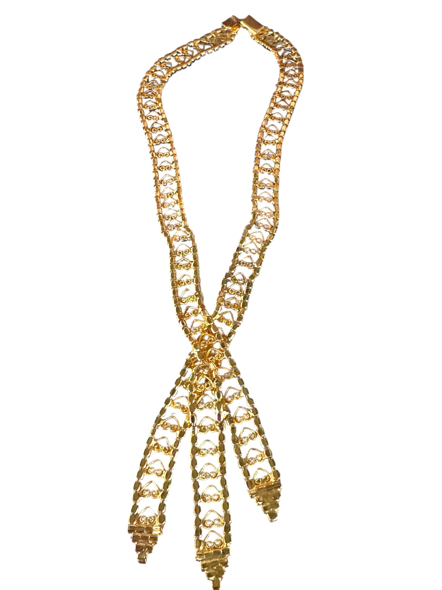 Vintage Juliana-Style Rhinestone Tie Necklace – Filigree Hearts & Crystal Fringe