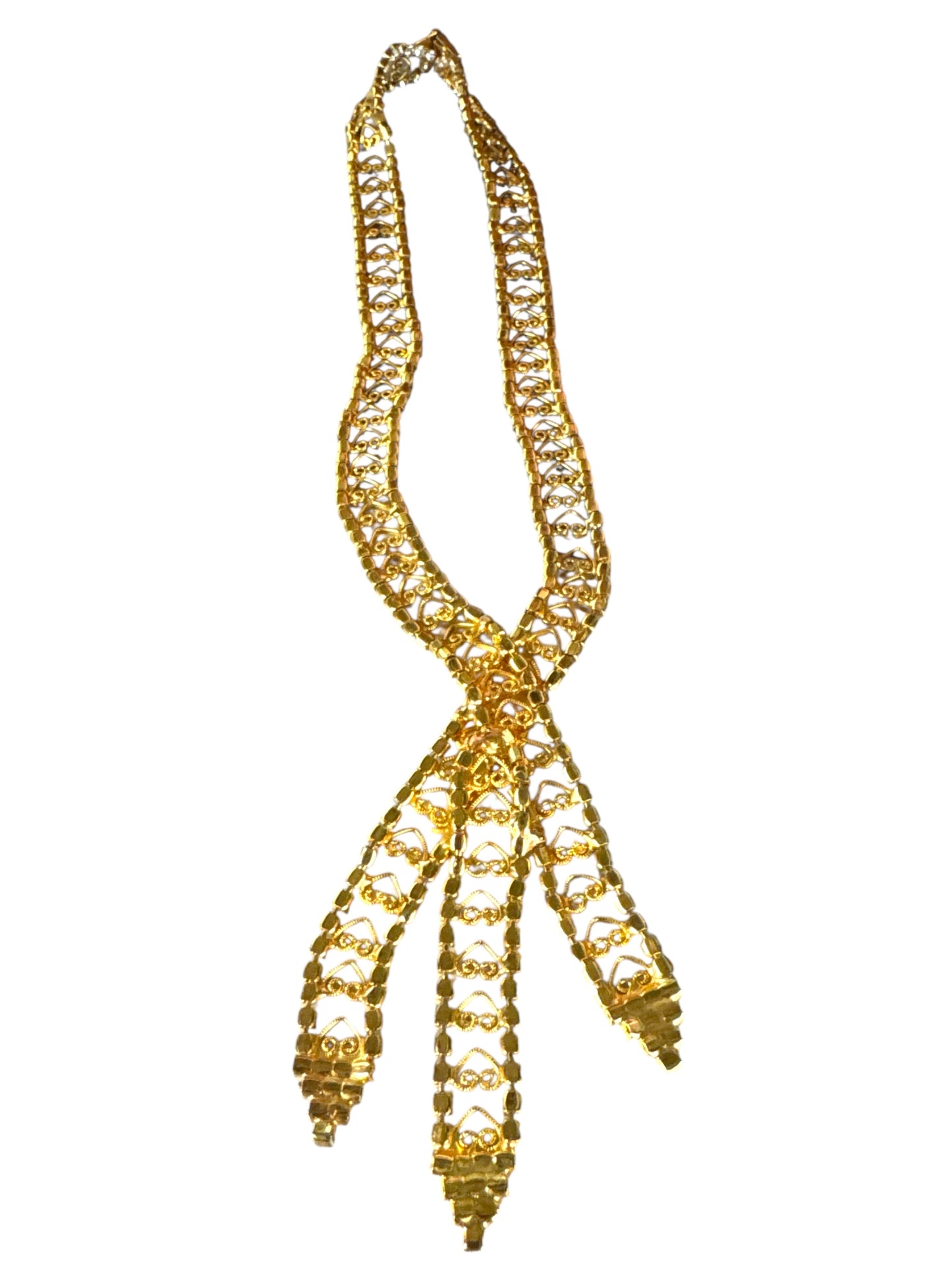 Vintage Juliana-Style Rhinestone Tie Necklace – Filigree Hearts & Crystal Fringe