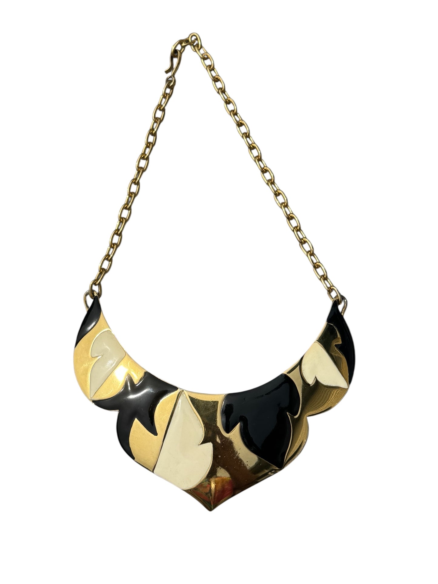 Vintage Monet Black & Ivory Enamel Statement Collar Necklace – 1970s–1980s Runway Couture