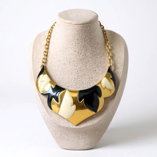 Vintage Monet Black & Ivory Enamel Statement Collar Necklace – 1970s–1980s Runway Couture