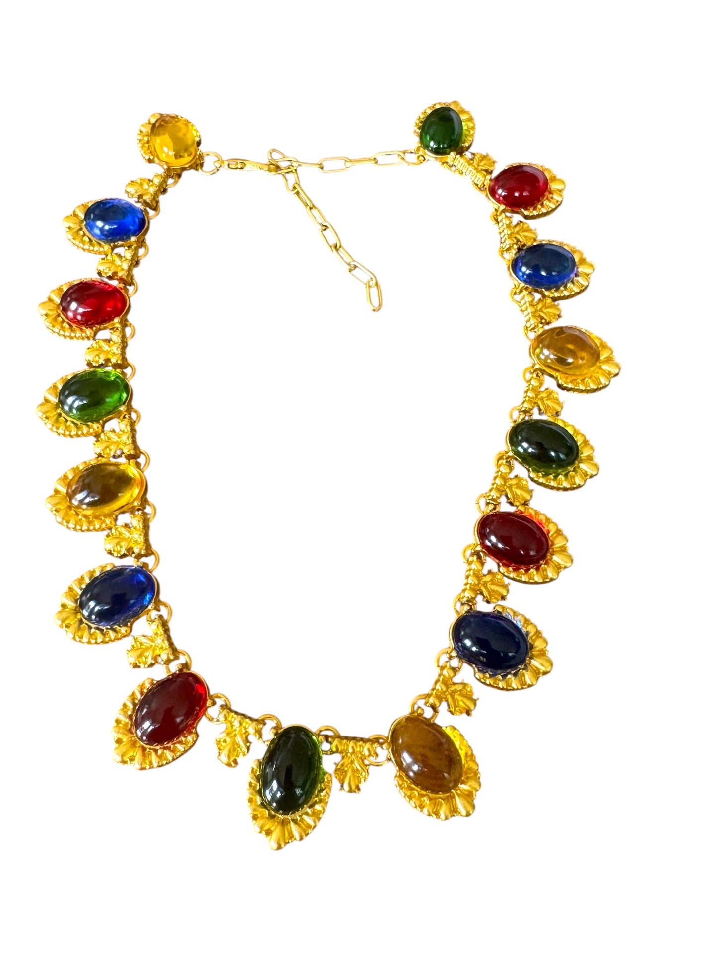 Gold-Tone Cabochon Statement Necklace – Multicolor Glass, Ornate Adjustable Collar