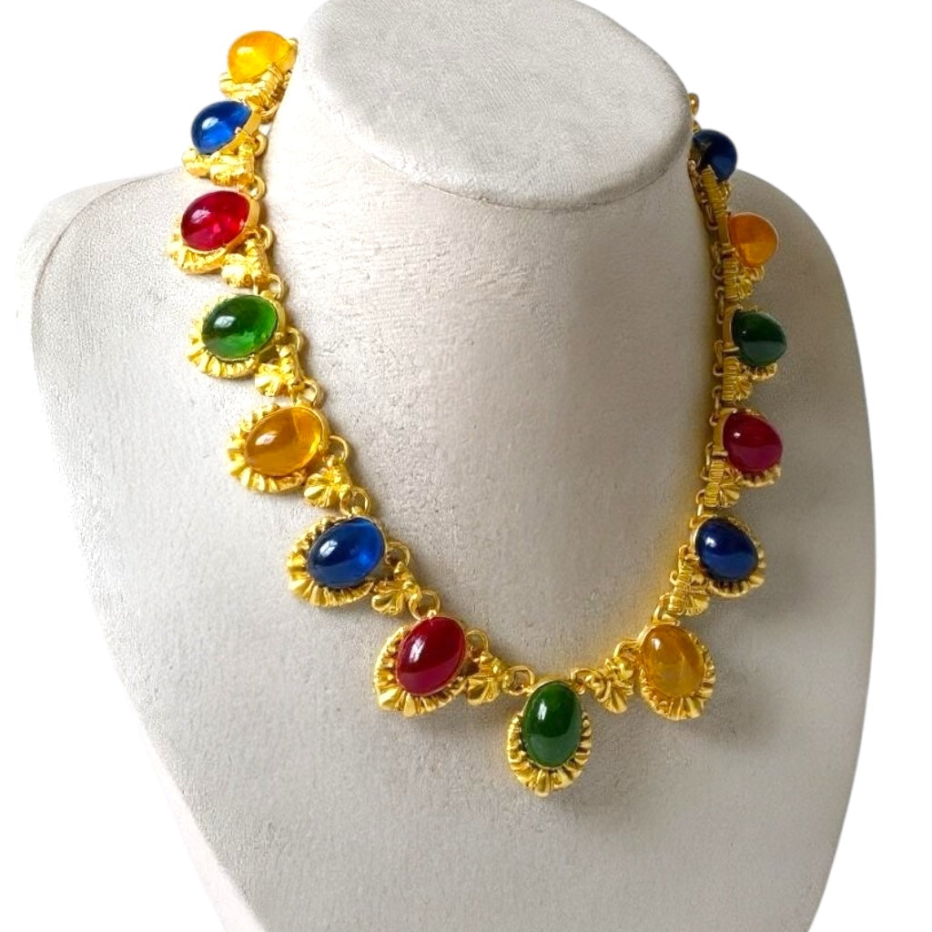 Gold-Tone Cabochon Statement Necklace – Multicolor Glass, Ornate Adjustable Collar