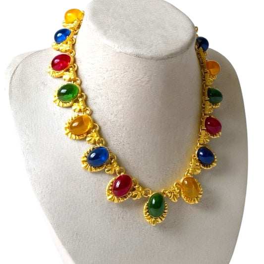 Gold-Tone Cabochon Statement Necklace – Multicolor Glass, Ornate Adjustable Collar