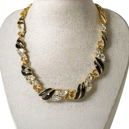 Signed Trifari Black Enamel & Rhinestone Collar Necklace – 17″ Couture Statement