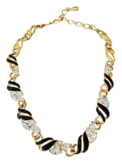Signed Trifari Black Enamel & Rhinestone Collar Necklace – 17″ Couture Statement