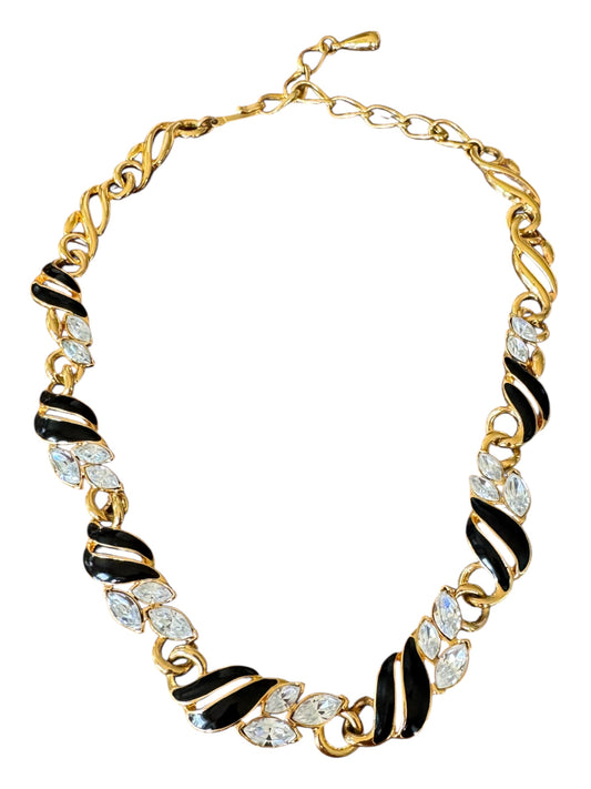 Signed Trifari Black Enamel & Rhinestone Collar Necklace – 17″ Couture Statement