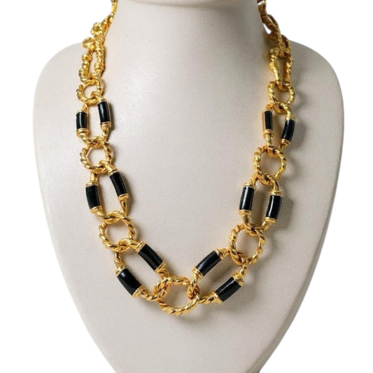 Signed Anne Klein Vintage Black Enamel & Gold-Tone Link Necklace – Toggle Collar