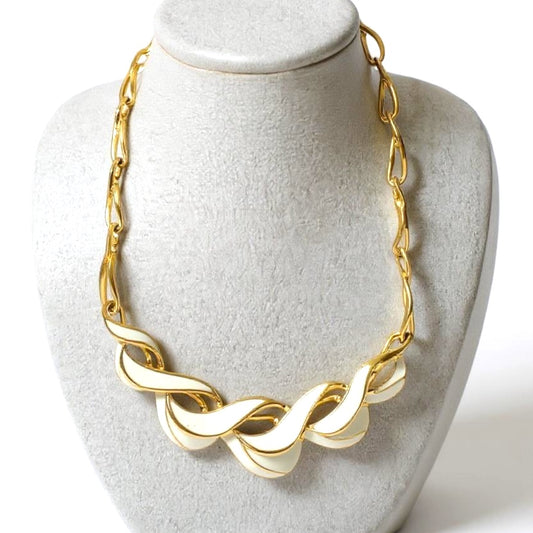 Trifari Gold‑Tone & Cream Enamel Link Necklace – Vintage Designer Collar
