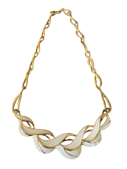 Trifari Gold‑Tone & Cream Enamel Link Necklace – Vintage Designer Collar