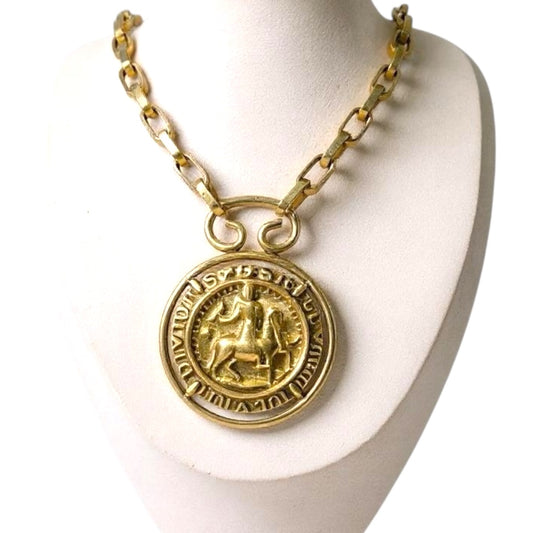 Accessocraft NYC Gold Medallion Necklace – Chunky Chain, Large Crest Pendant, Signed Statement Jewelry