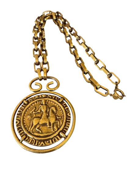 Accessocraft NYC Gold Medallion Necklace – Chunky Chain, Large Crest Pendant, Signed Statement Jewelry