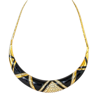Vintage Monet Black Enamel and Rhinestone Collar Necklace – Bold 1980s Statement Piece