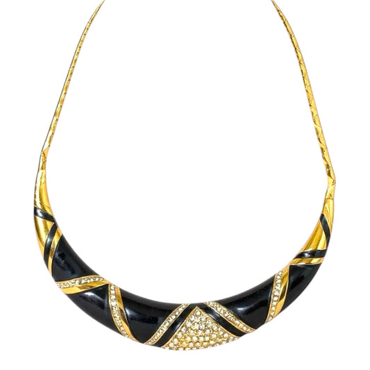 Vintage Monet Black Enamel and Rhinestone Collar Necklace – Bold 1980s Statement Piece