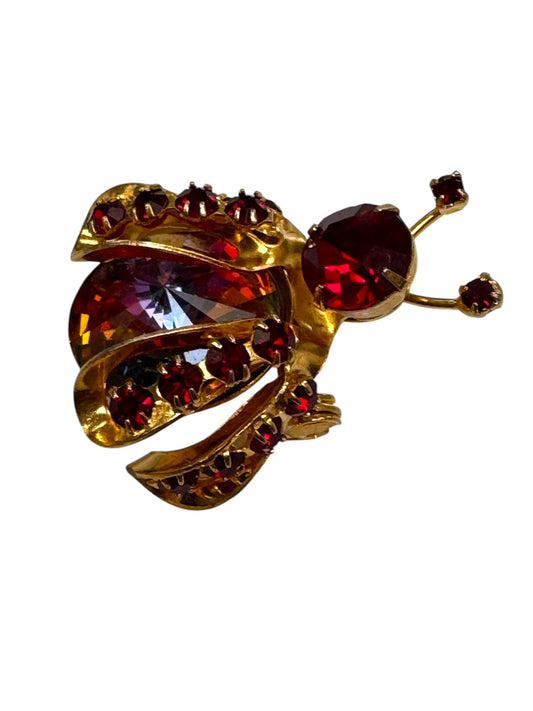 Signed Weiss Red Rhinestone & Heliotrope Glass Bee Brooch – 1950s Figural Insect Pin