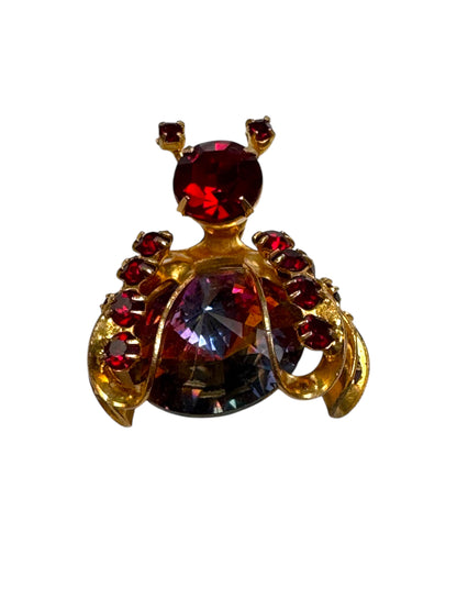 Signed Weiss Red Rhinestone & Heliotrope Glass Bee Brooch – 1950s Figural Insect Pin