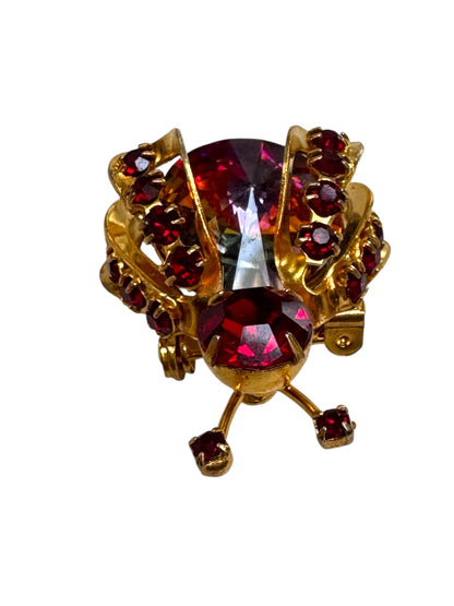 Signed Weiss Red Rhinestone & Heliotrope Glass Bee Brooch – 1950s Figural Insect Pin