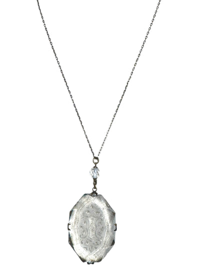 Antique Czech Intaglio Glass Pendant Necklace – Etched Beveled Glass & Brass