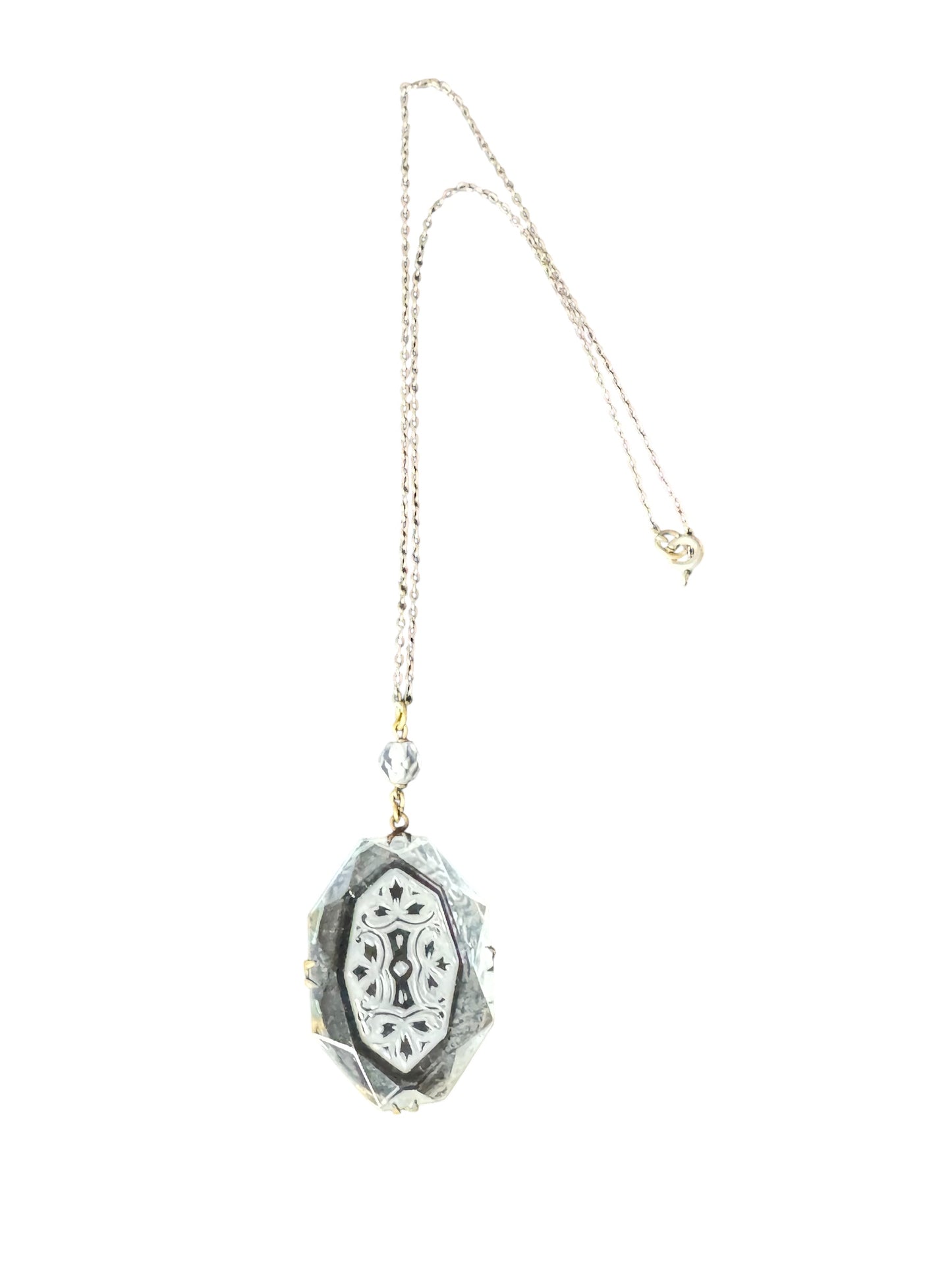 Antique Czech Intaglio Glass Pendant Necklace – Etched Beveled Glass & Brass