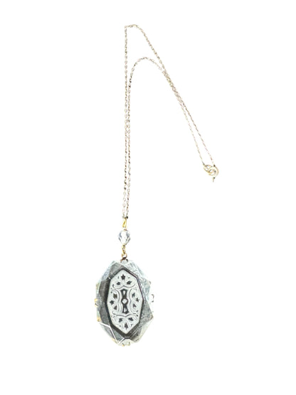 Antique Czech Intaglio Glass Pendant Necklace – Etched Beveled Glass & Brass