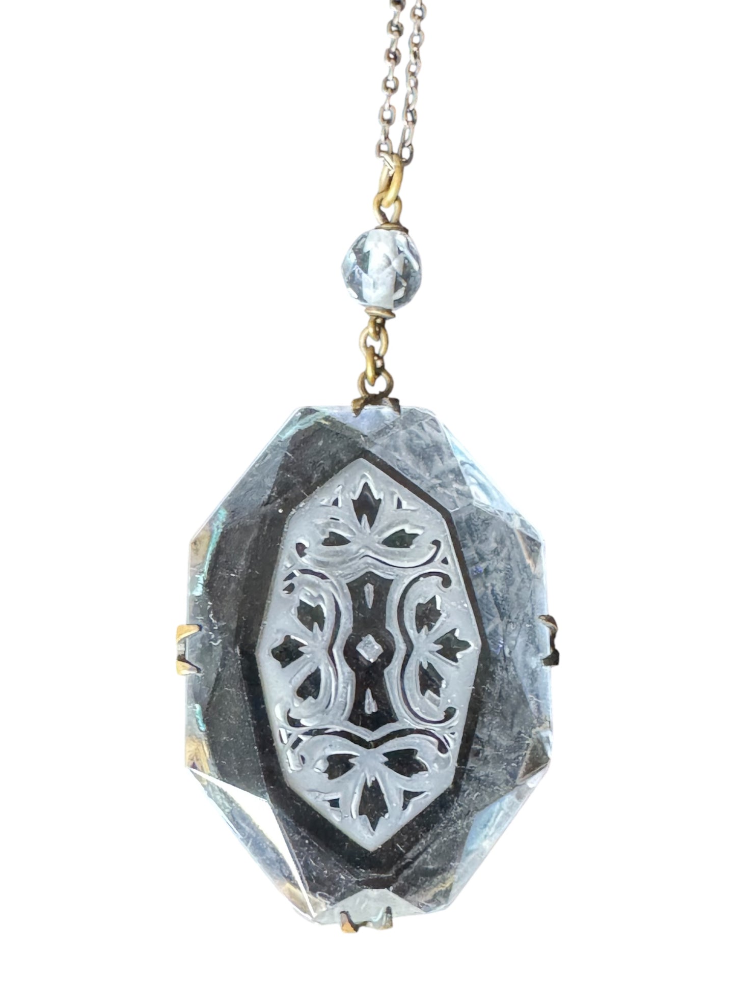 Antique Czech Intaglio Glass Pendant Necklace – Etched Beveled Glass & Brass