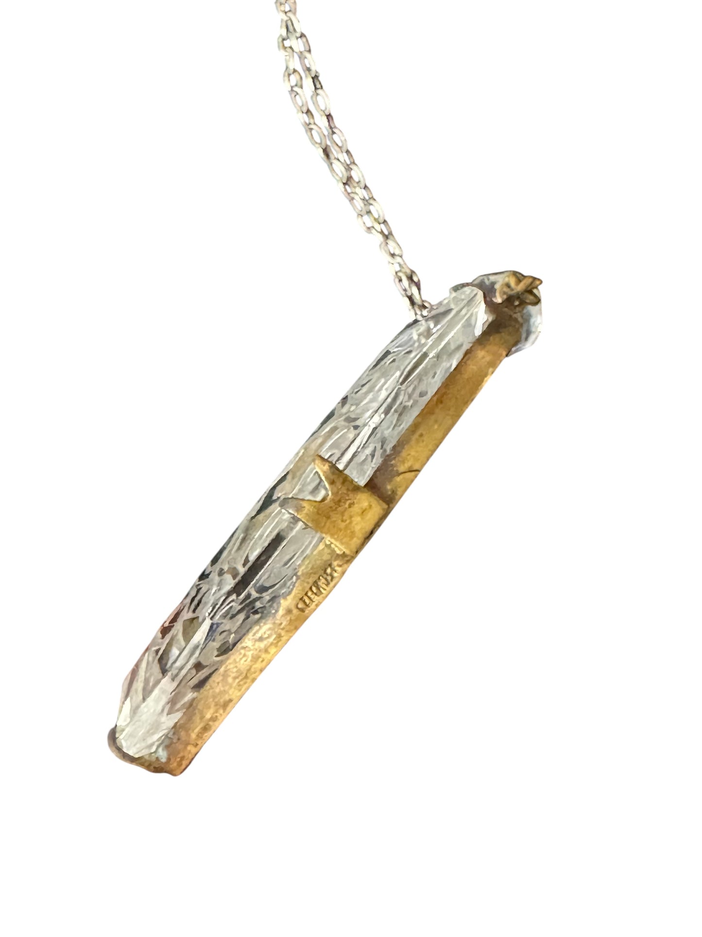 Antique Czech Intaglio Glass Pendant Necklace – Etched Beveled Glass & Brass