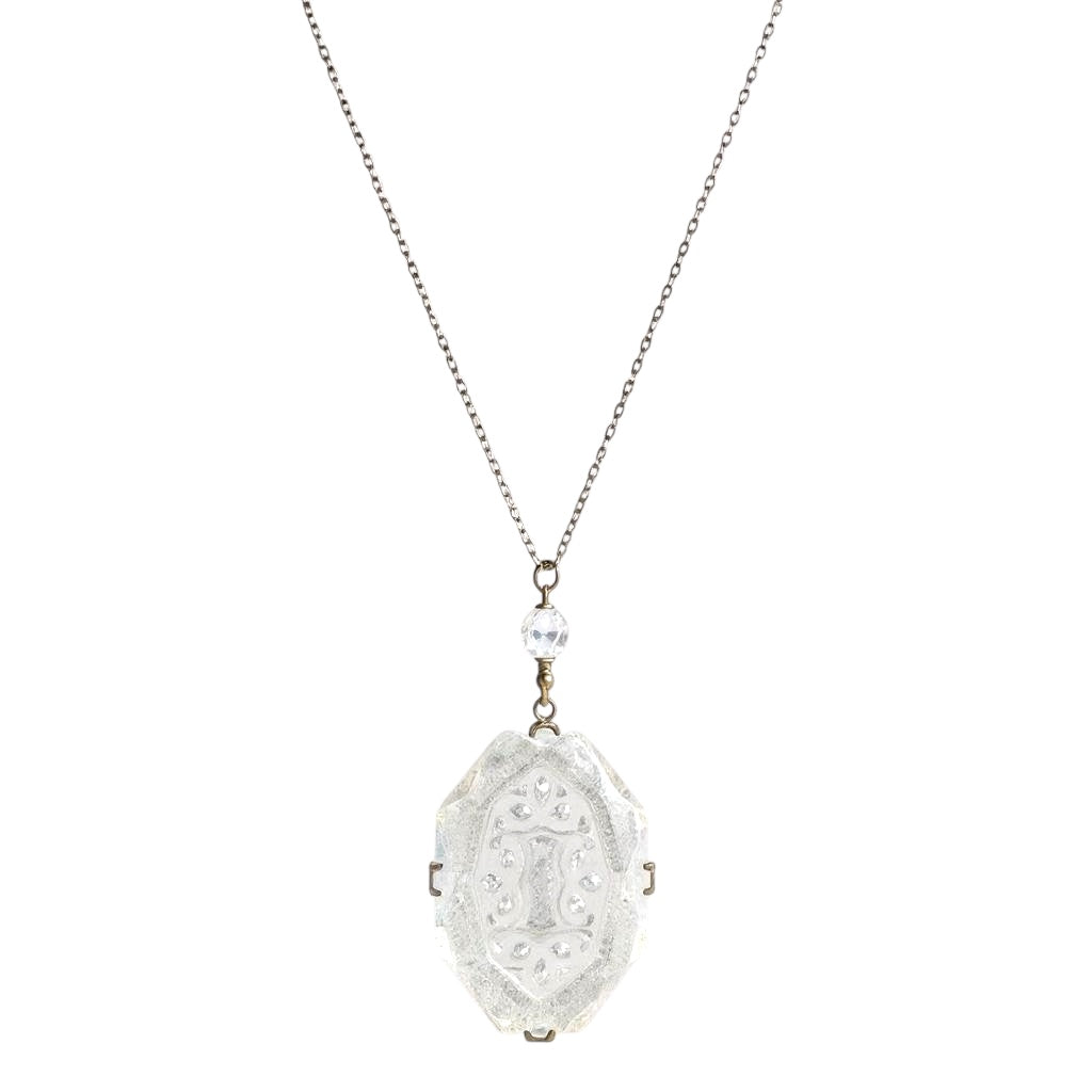 Antique Czech Intaglio Glass Pendant Necklace – Etched Beveled Glass & Brass