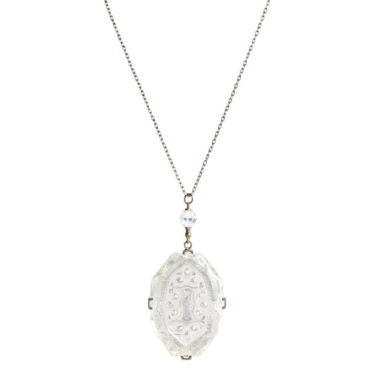 Antique Czech Intaglio Glass Pendant Necklace – Etched Beveled Glass & Brass