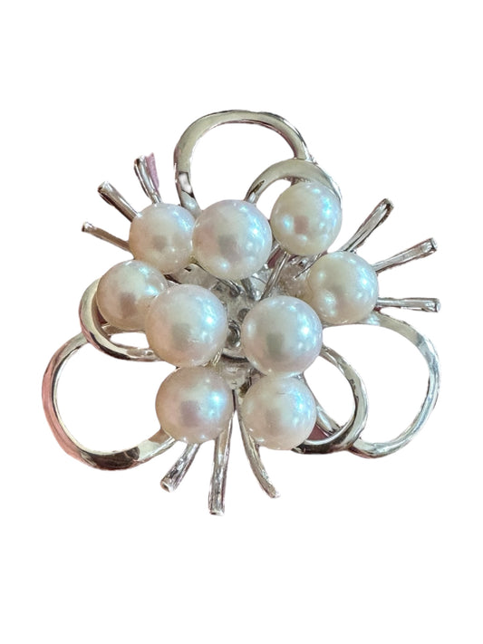 Vintage Sterling Silver Cultured Pearl Brooch & Pendant – Mid-Century Modern Ribbon Spray Design