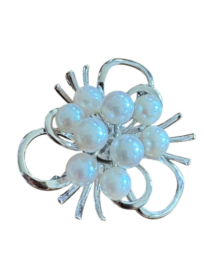 Vintage Sterling Silver Cultured Pearl Brooch & Pendant – Mid-Century Modern Ribbon Spray Design