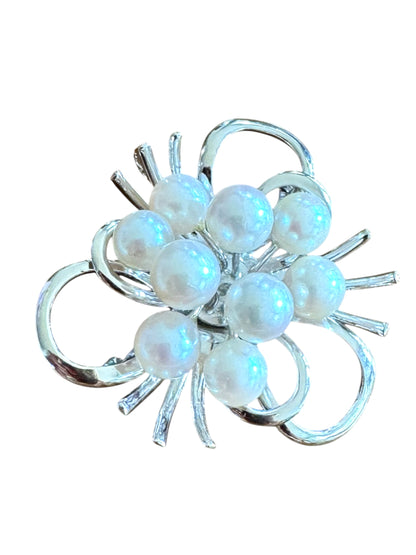 Vintage Sterling Silver Cultured Pearl Brooch & Pendant – Mid-Century Modern Ribbon Spray Design