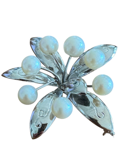 Vintage Sterling Silver Leaf Spray Brooch with Cultured Pearls – Mid-Century Elegance