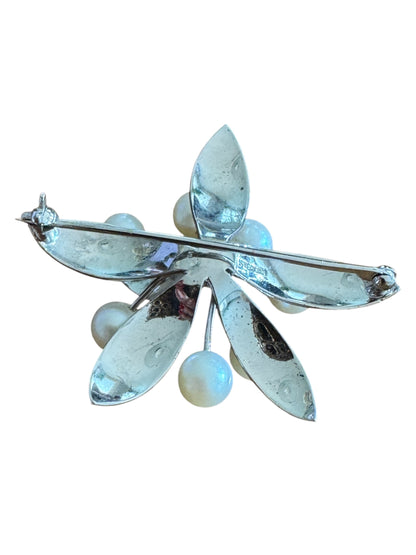 Vintage Sterling Silver Leaf Spray Brooch with Cultured Pearls – Mid-Century Elegance
