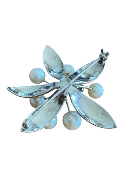 Vintage Sterling Silver Leaf Spray Brooch with Cultured Pearls – Mid-Century Elegance