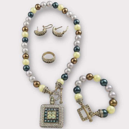 Heidi Daus Signed Pearl and Crystal Statement Jewelry Set – Necklace, Bracelet, Earrings, Ring