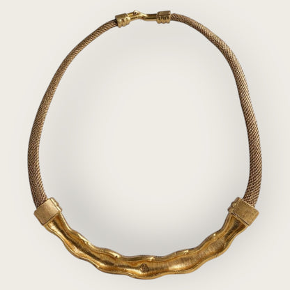 Vintage Swarovski Mesh Choker Necklace – Gold-Tone with Twisted Pavé Crystal Bar, 1980s–1990s