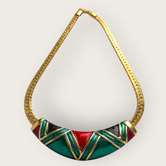 Vintage Geometric Enamel Collar Necklace with Gold Tone Herringbone Chain