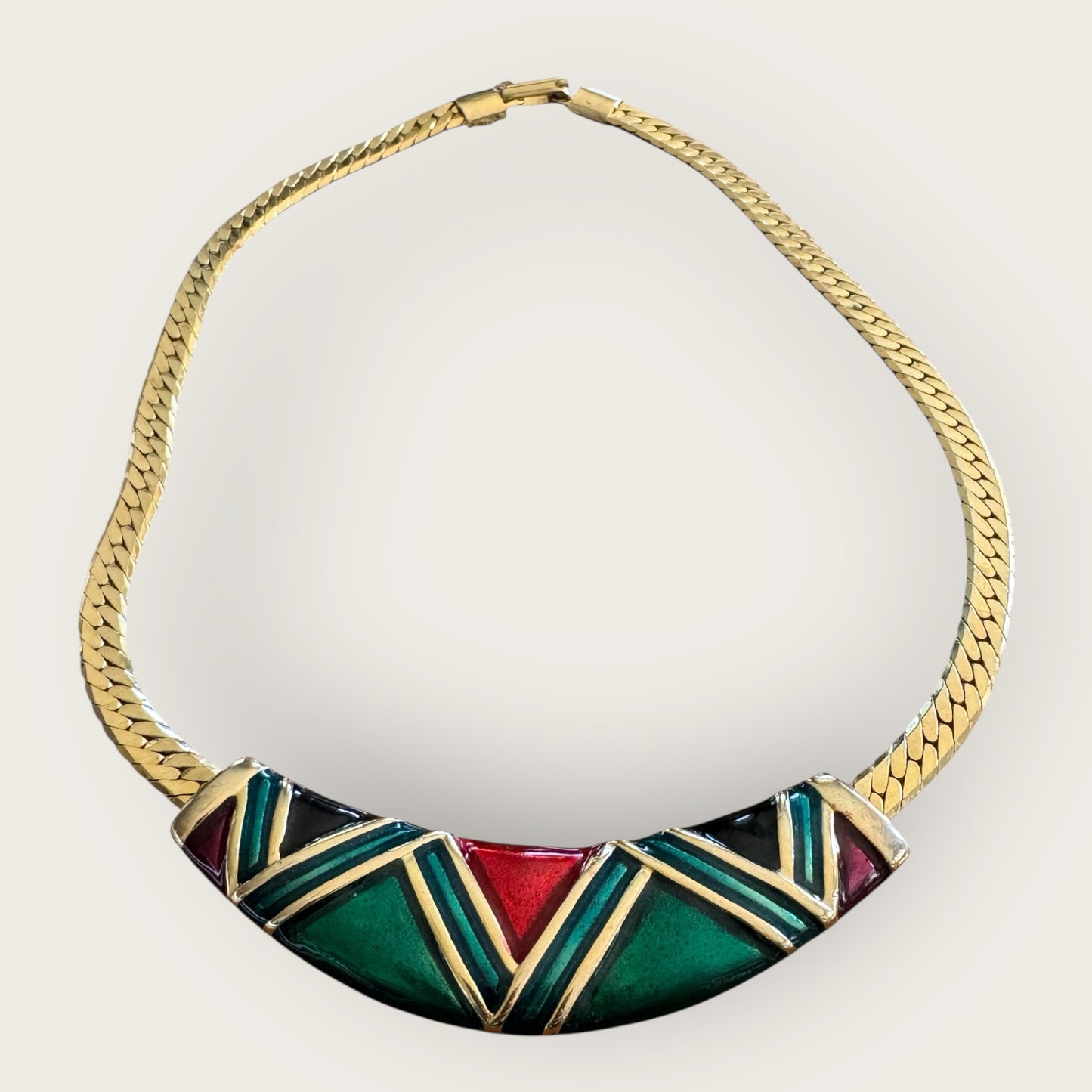 Vintage Geometric Enamel Collar Necklace with Gold Tone Herringbone Chain