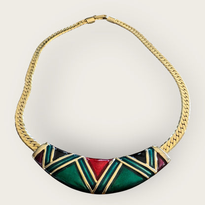 Vintage Geometric Enamel Collar Necklace with Gold Tone Herringbone Chain