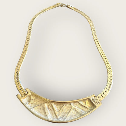 Vintage Geometric Enamel Collar Necklace with Gold Tone Herringbone Chain
