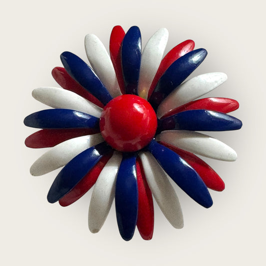 Vintage 1970s Red, White, and Blue Enamel Flower Brooch – Patriotic Mod Daisy Pin