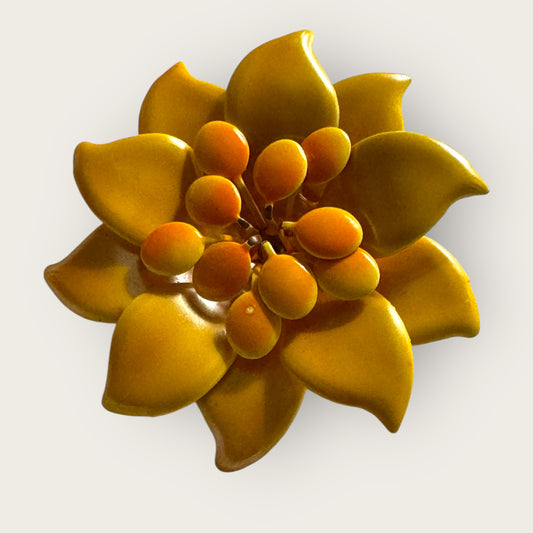 Vintage 1960s Yellow Enamel Flower Brooch – Dimensional Metal Floral PinVintage 1960s Yellow Enamel Flower Brooch – Dimensional Metal Floral Pin