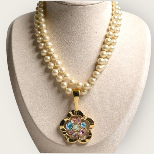 Vintage SAL Swarovski Single-Strand Pearl Necklace with Fixed Multi-Color Crystal Floral Pendant