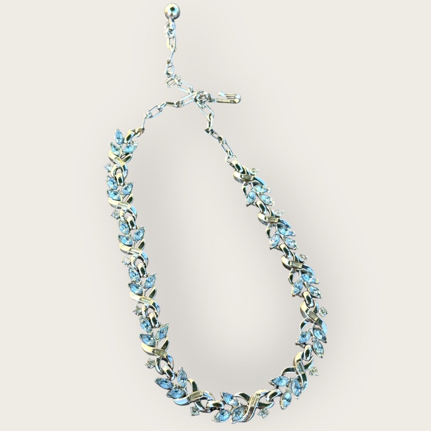 Vintage Crown Trifari Silver and Gold-Tone Necklace with Light Blue Rhinestones – Signed Adjustable Mid-Century Jewelry